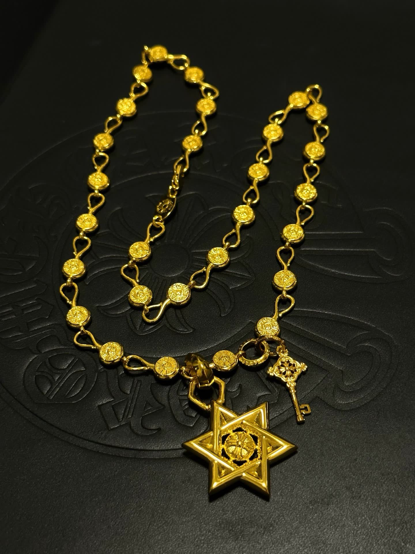 Chrome Hearts Gold-Plated Star of David Necklace with Key Charm